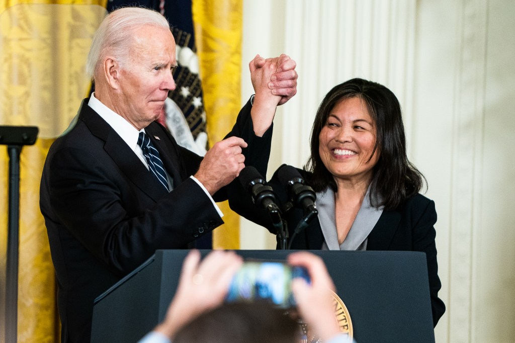 US President Joe Biden and Julie Su during an event for the nomination of Julie Su to serve as the Secretary of Labor in the East Room of the White House on Wednesday March 1, 2023.