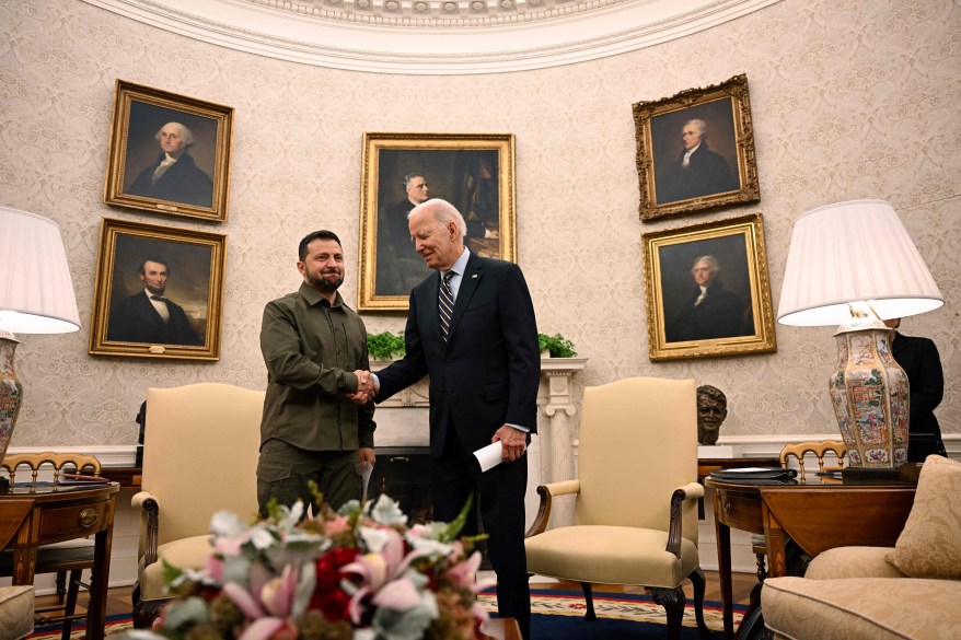 US President Joe Biden meets with Ukrainian President Volodymyr Zelensky in the Oval Office of the White House in Washington, DC, on September 21, 2023.