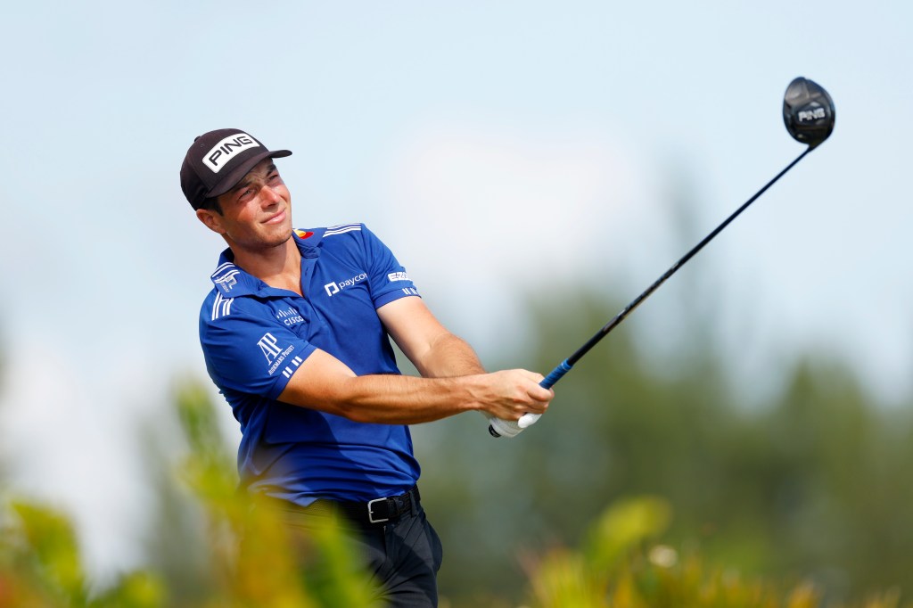 Viktor Hovland of Norway plays his shot from the fourth tee during the third round of the Hero World Challenge.