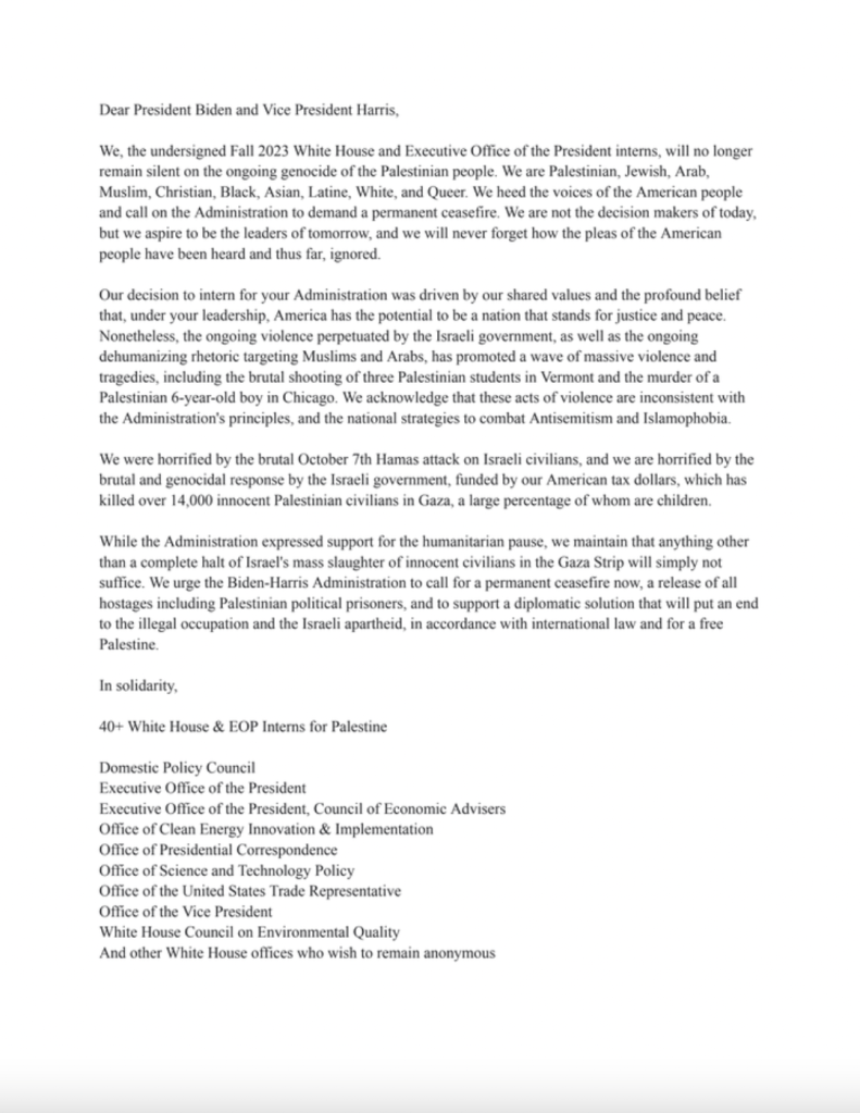 The letter, signed by 40-plus anonymous White House interns, was sent to the president and vice president late Tuesday.