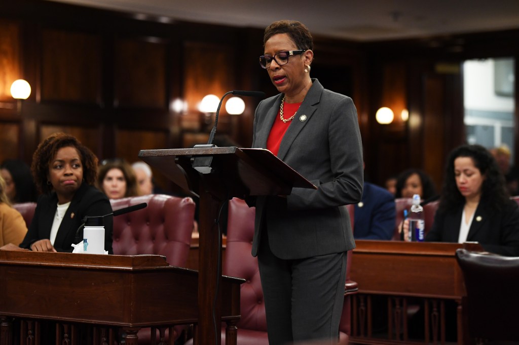 City Council Speaker Adrienne Adams speaking before the Council voted to override Mayor Adams' veto of the "How Many Stops Act."