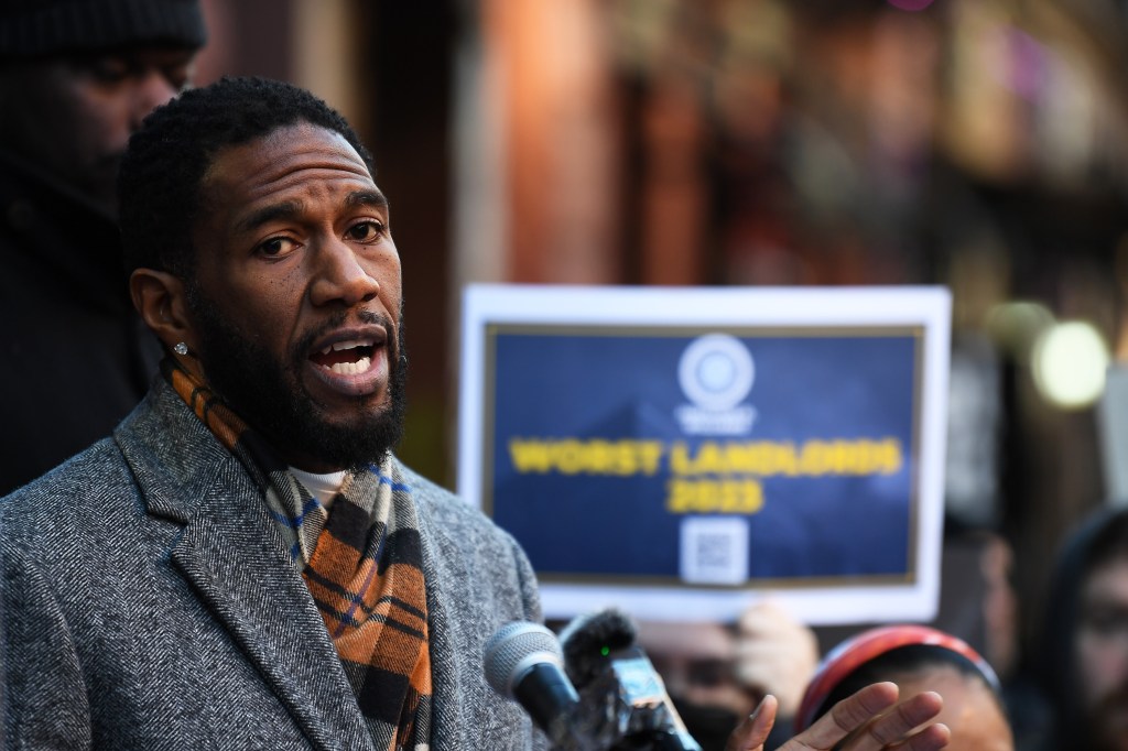 Public Advocate Jumaane Williams  standing on the steps of 410 W 46 St., NYC.