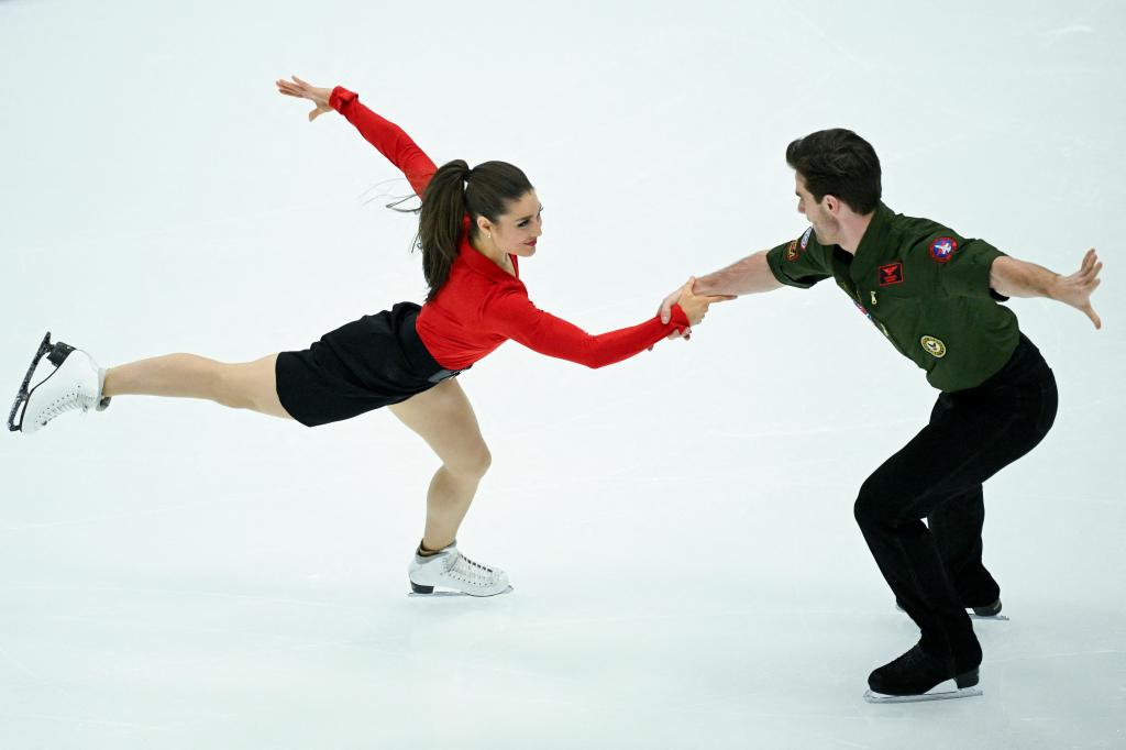 Canada's Laurence Fournier Beaudry and Nikolaj Sorensen compete in the rhythm dance program during the ISU Grand Prix of Figure Skating Final in Beijing on December 8, 2023. 