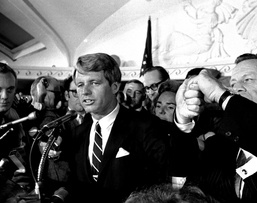 Sen. Robert F. Kennedy addresses a throng of supporters in the Ambassador Hotel in Los Angeles early in the morning of June 5, 1968, following his victory in the previous day's California primary election.