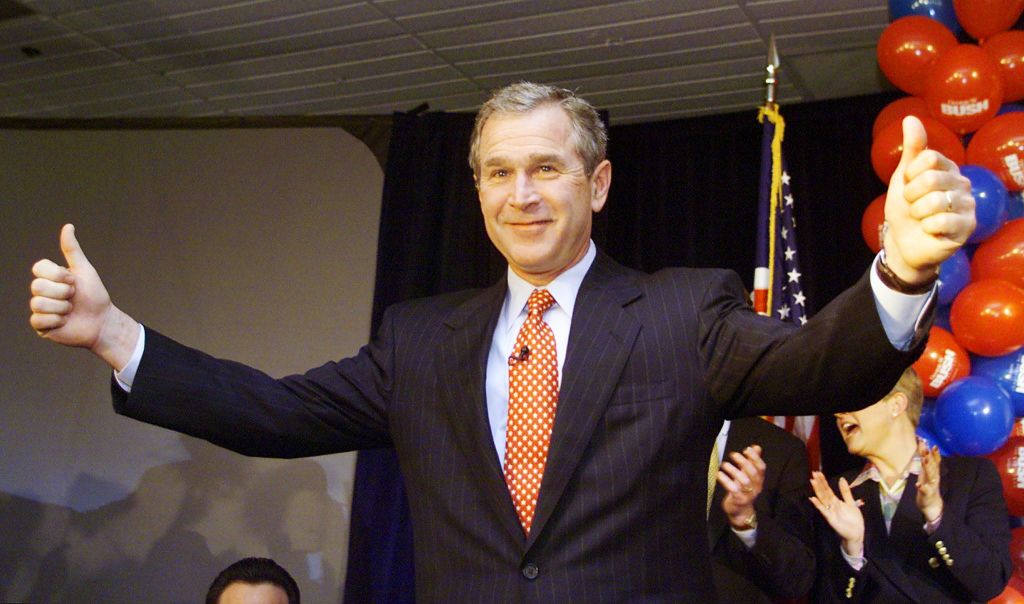 Republican Presidential candidate Texas Governor George W. Bush appears in front of supporters at a downtown hotel ballroom 24 January, 2000 in Des Moines, IA after he won the Iowa Caucus on his party's ticket.