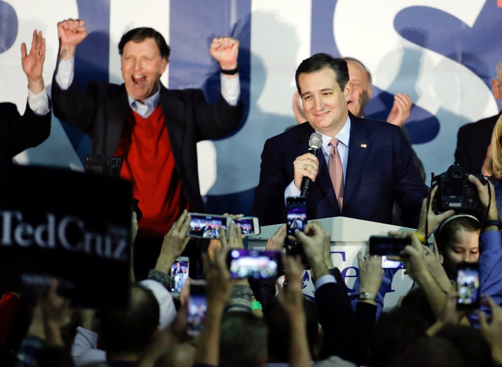 Republican presidential candidate, Sen. Ted Cruz, R-Texas, speaks during a caucus night rally, Monday, Feb. 1, 2016, in Des Moines, Iowa. 