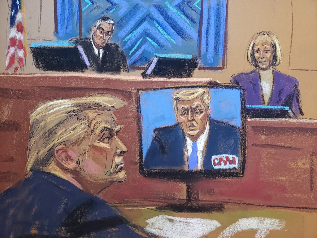 A sketch shows E. Jean Carroll testifying before Judge Lewis Kaplan as former US President Trump watches footage of himself appearing on a CNN Town Hall event during the second civil trial. 