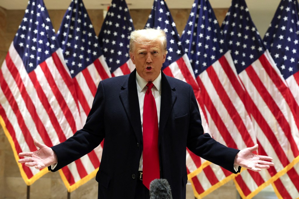 Former US President Donald Trump speaks during a press conference after attending the E. Jean Carroll second civil trial in New York City on Jan. 17, 2024. 