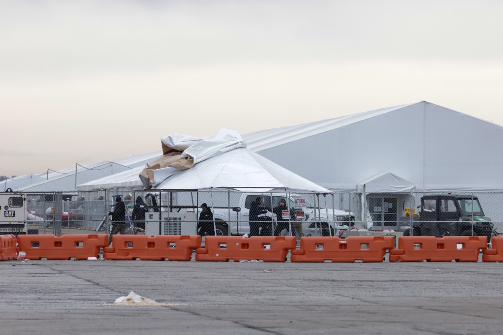 The migrant shelter at Floyd Bennett Field took a beating from high winds in December.