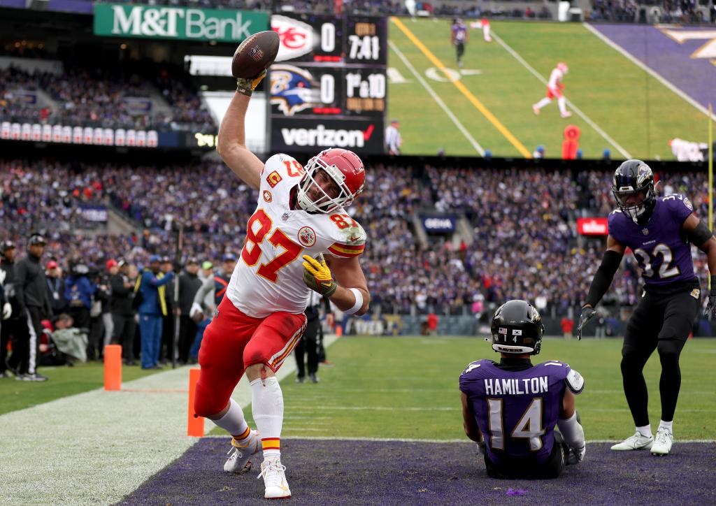 Travis Kelce scores a touchdown during the Chiefs' AFC Championship win against the Ravens on Jan. 28, 2024.