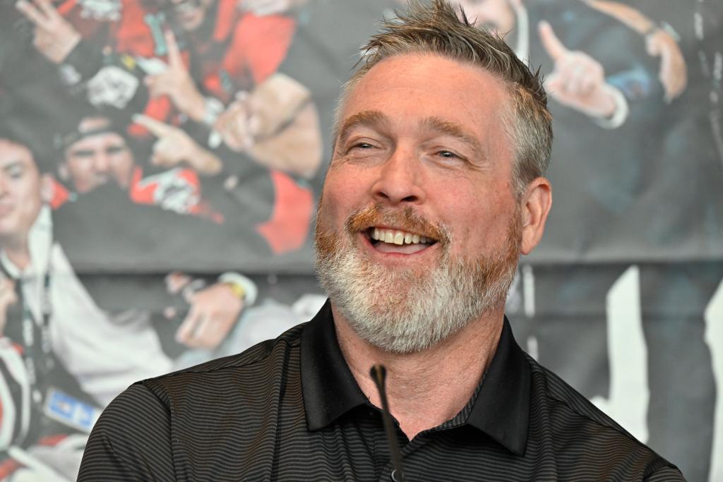 Former NHL goaltender Patrick Roya at a press conference.