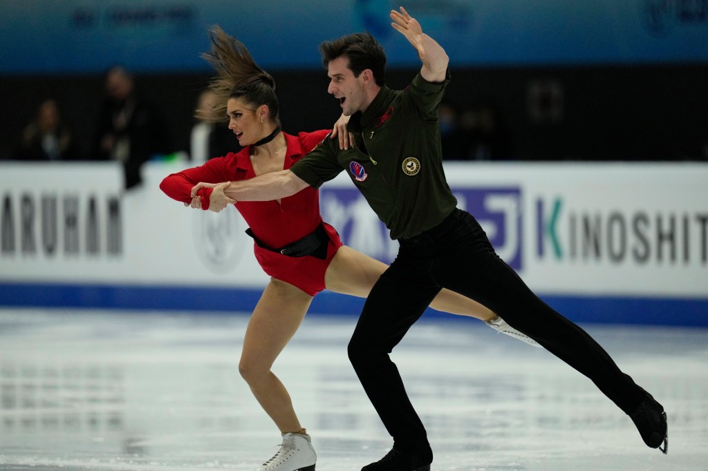 Canada's Laurence Fournier Beaudry and Nikolaj Sorensen practices ahead of the ISU Grand Prix of Figure Skating in Beijing, Wednesday, Dec. 6, 2023. 