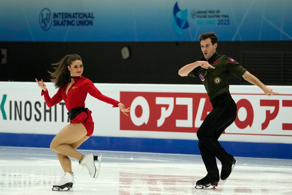 Canada's Laurence Fournier Beaudry and Nikolaj Sorensen practices ahead of the ISU Grand Prix of Figure Skating in Beijing, Wednesday, Dec. 6, 2023.