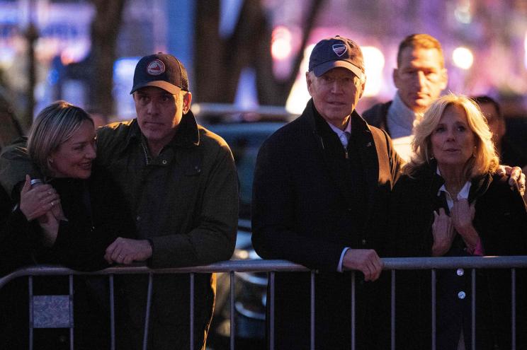 President Joe Biden and first lady Jill Biden with Hunter biden and his wife Melissa Cohen attend a Christmas tree lighting with their family on Main Street during his Thanksgiving vacation November 24, 2023, in Nantucket, Massachusetts.