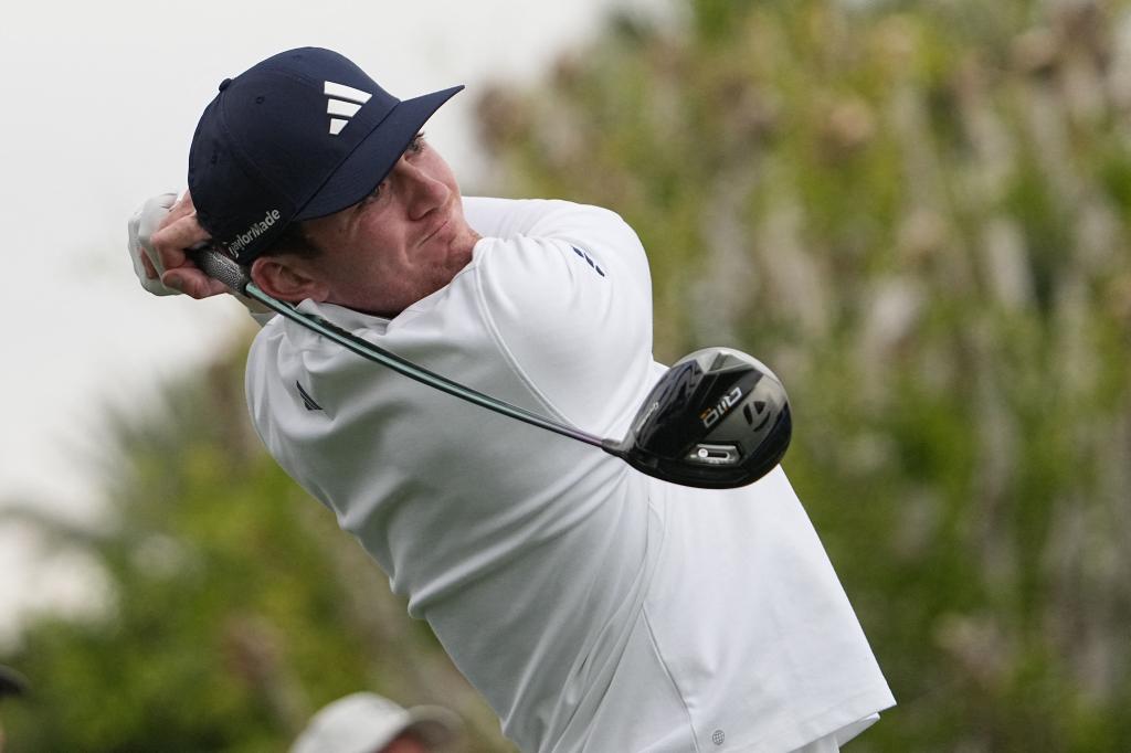 Nick Dunlap, hitting his tee shot on the sixth hole in the third round of The American Express tournament, is looking to become the first amateur to win a PGA Tour event since Phil Mickelson did in 1991.