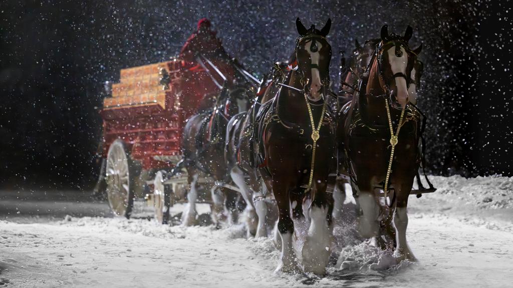 The 60-second spot begins with a group of six horses galloping to the rescue to save a small town that loses power during a snowstorm, as the opening notes of The Band's classic song "The Weight" plays in the background.