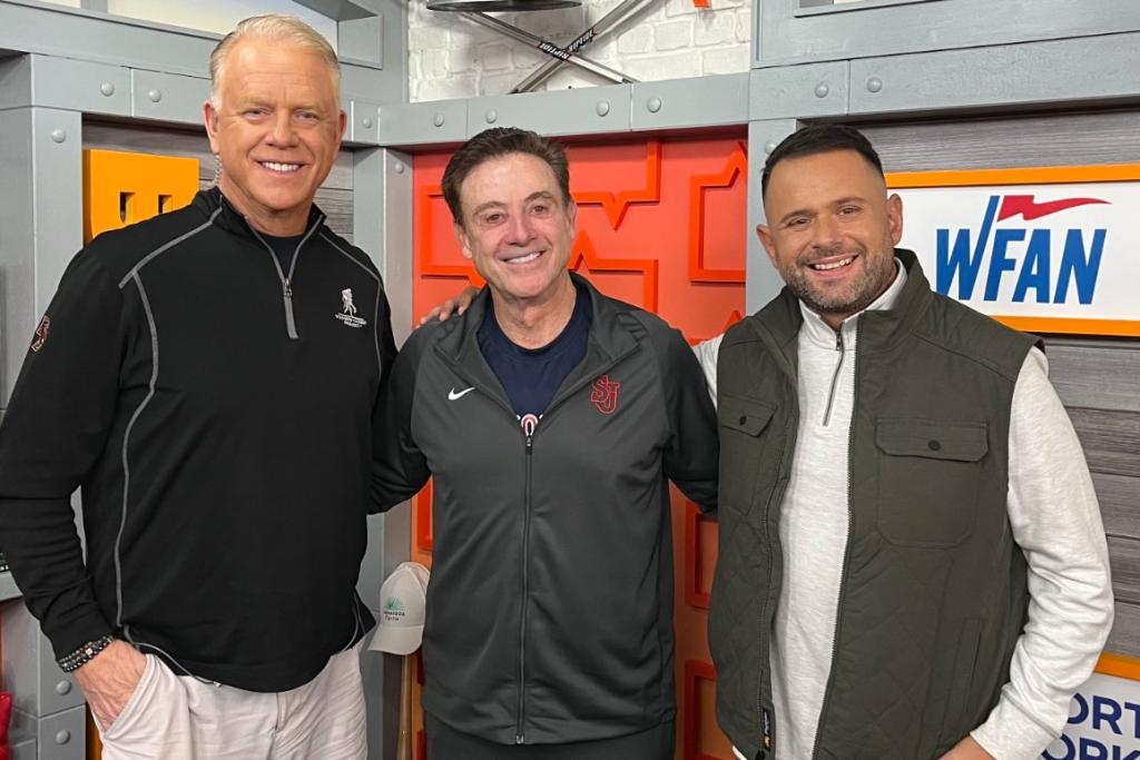 St. John's coach Rick Pitino (middle) with radio hosts Boomer Esiason and Gregg Gianotti in the WFAN studio.