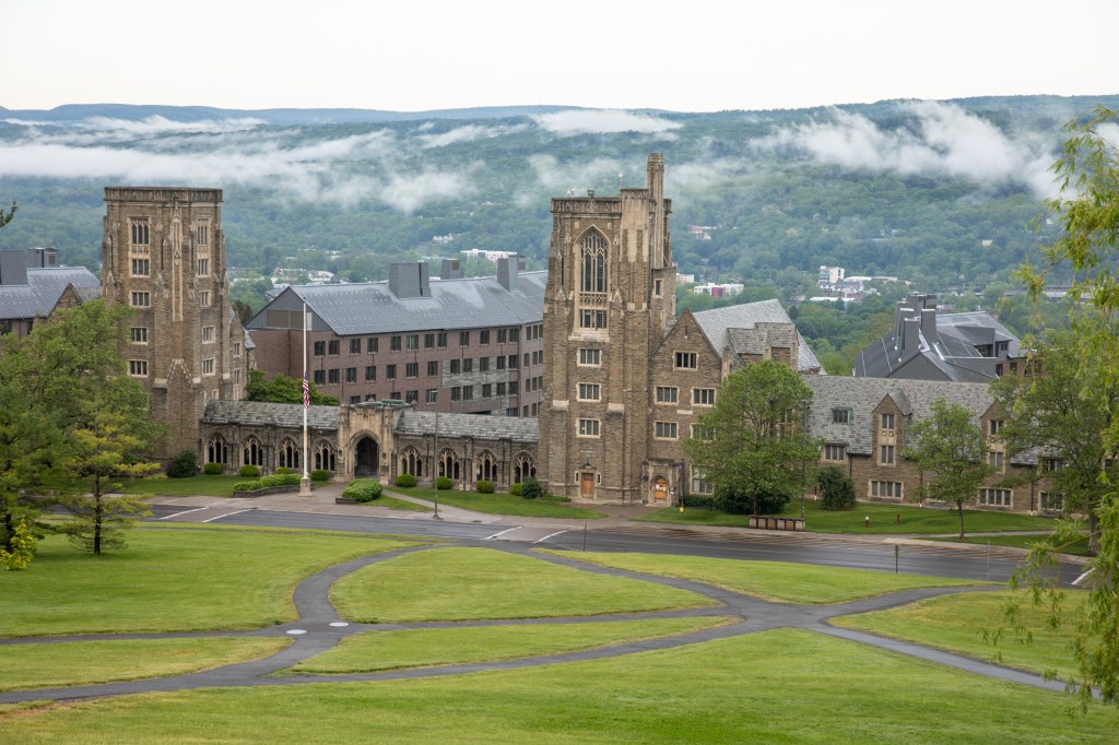 Cornell University West Campus: a large building with a large lawn and a large building with a large tower.