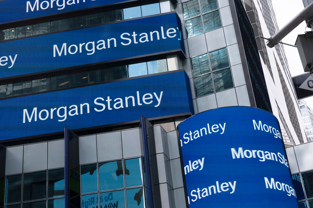 Electronic signage is shown at Morgan Stanley headquarters on March 4, 2021 in New York