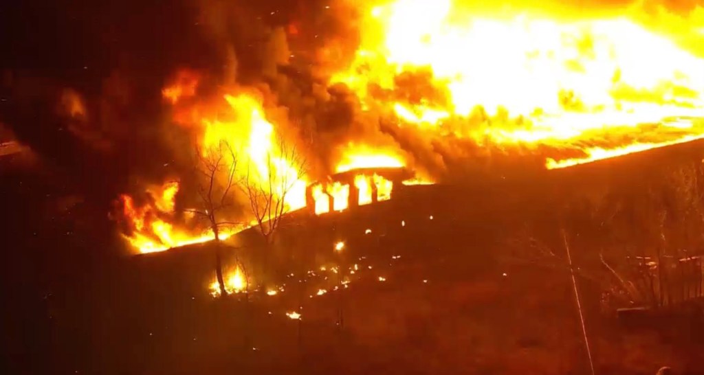 Heavy flames seen consuming the warehouse on Trumbull Street in Elizabeth, New Jersey