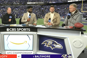 Bill Cowher, Nate Burleson, JJ Watt and Boomer Esiason at the AFC Championship game in Baltimore.