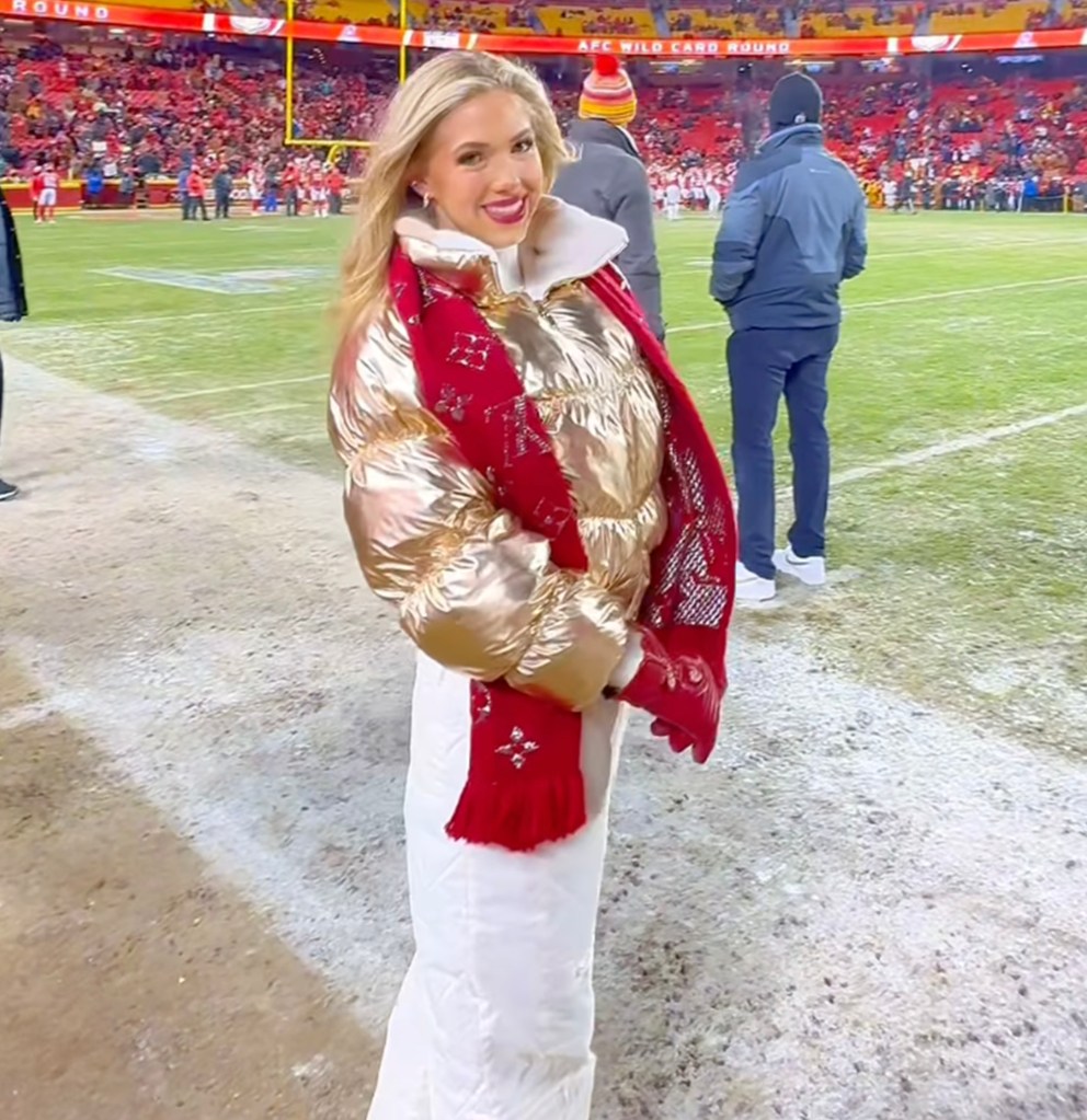 Gracie Hunt is seen bundled up on the sideline at Arrowhead Stadium on Jan. 13, 2024.