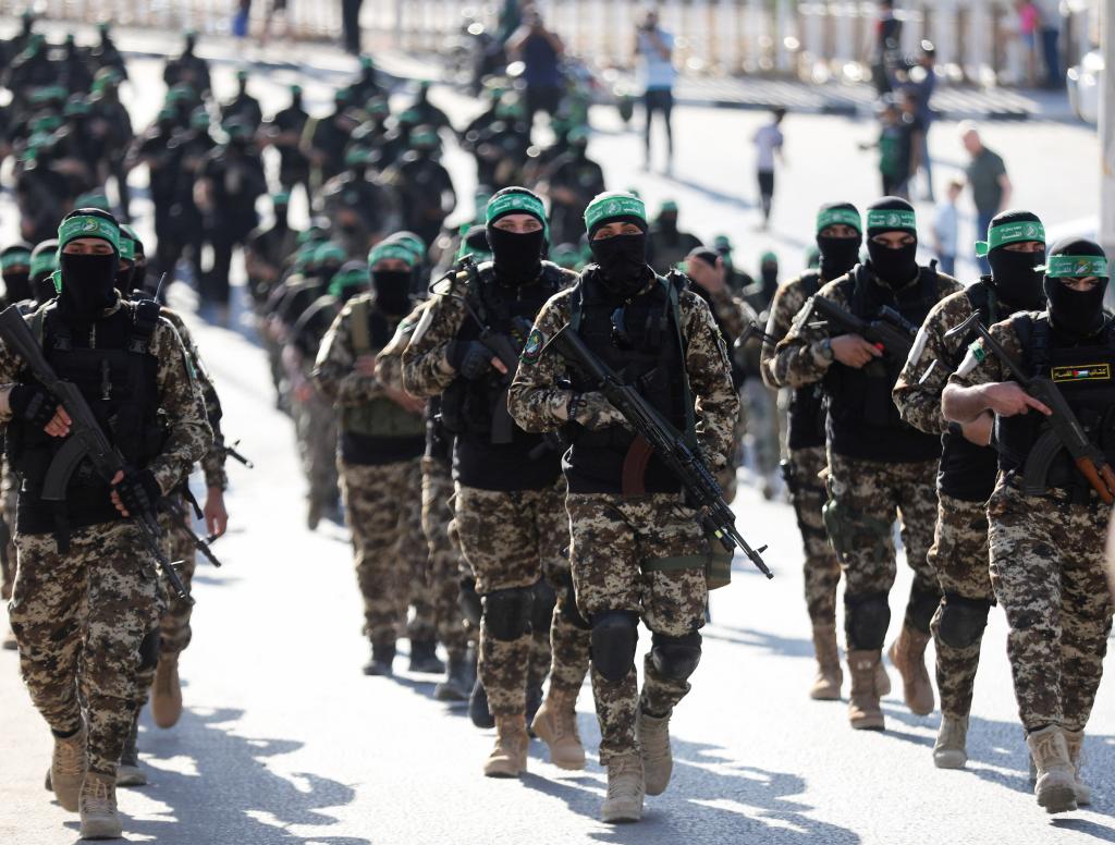 Gunmen marching from the Izz al-Din al-Qassam Brigades, the military wing of Hamas.