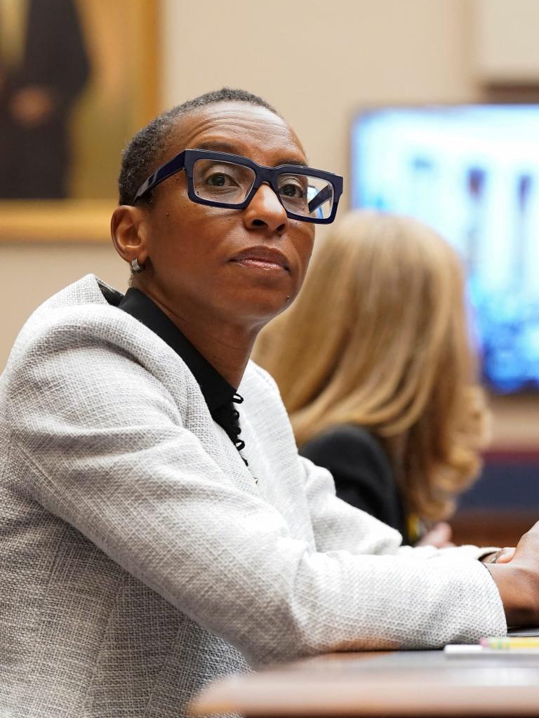 Former Harvard University President Claudine Gay watches a video being played during a House Education and The Workforce Committee hearing in December.