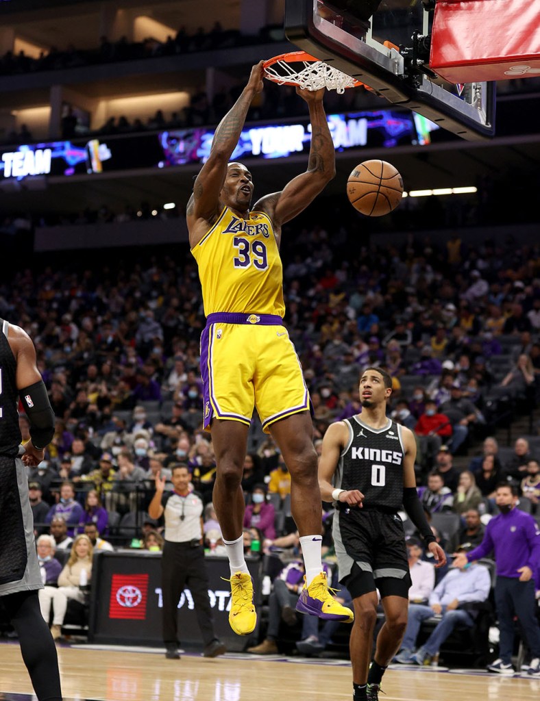 Dwight Howard #39 of the Los Angeles Lakers dunks the ball against the Sacramento Kings at Golden 1 Center on November 30, 2021 in Sacramento, California. 