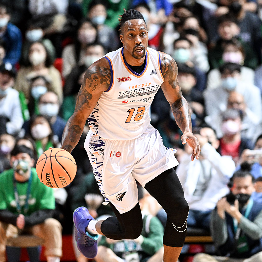 Dwight Howard #12 of the Taoyuan Leopard dribbles during the T1 League game against the TaiwanBeer HeroBears at University of Taipei Tianmu Gymnasium on February 19, 2023 in Taipei, Taiwan.  