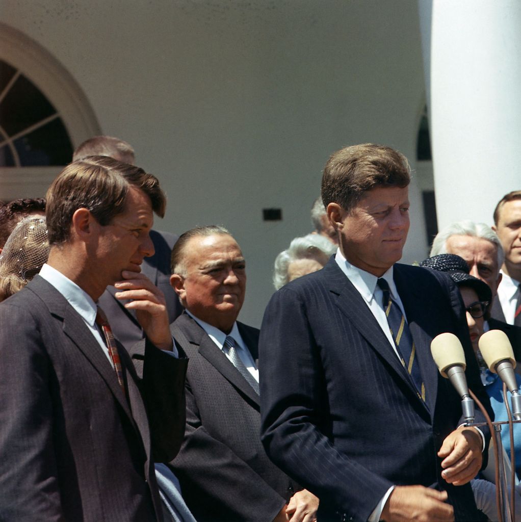 J. Edgar Hoover joins President John Kennedy for White House ceremony. L to R: Attorney General Robert Kennedy, J. Edgar Hoover, President Kennedy. May 7, 1963.