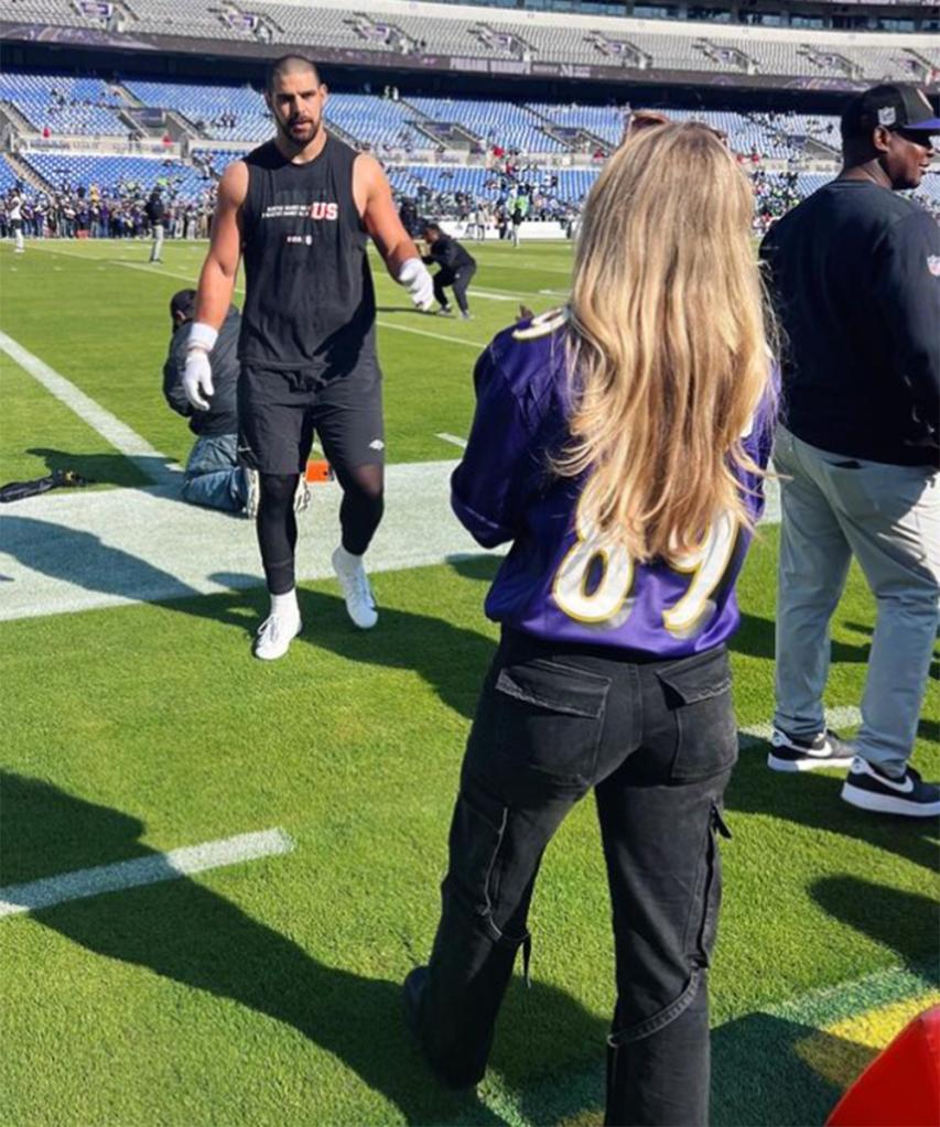 Ravens tight end Mark Andrews and Elena Yates at the AFC Championship game at M&T Bank Stadium in Baltimore on Jan. 28, 2024. 