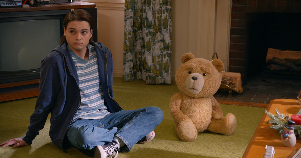 John (Max Burkholder) and Ted (voiced by Seth MacFarlane) get into all sorts of trouble on "Ted," streaming on Peacock.