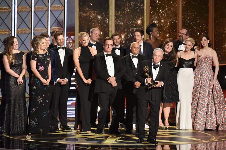 Lorne Michaels (at microphone) and cast/crew accept Outstanding Variety Sketch Series for 'Saturday Night Live'