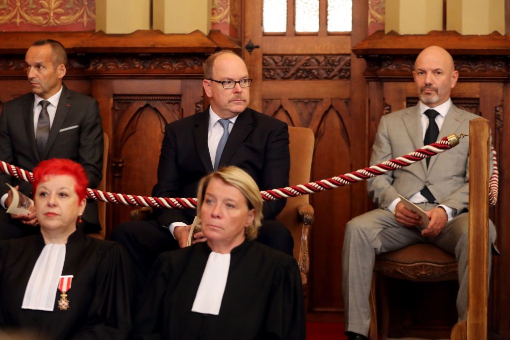 A photo of Prince Albert in a courtroom with former adviser Laurent Anselmi.