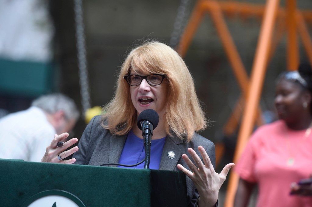 For Sunday News:07/28/18:Park:New York -Assemblywoman Linda Rosenthal speaks at the opening festivities at the Samuel N. Bennerson Playground on W.64th St.  The 1 1/2 year re-construction of the park included state of the art basketball court. Over1000 neighborhood children are enrolled in the summer park program.  Elected officials Gale Brewer and Helen Rosenthal were on hand to cut the ribbon on the parkâs re-opening day.   Photo by Helayne Seidman