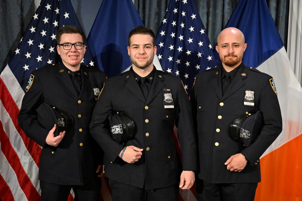 Mayor Adams honors three NYPD cops.
Wednesday, April 5, 2023
PICTURED: left to right; officer Louis Iorio (33), officer Paul Cozzolino (23) and officer Mickel Hanna (28).