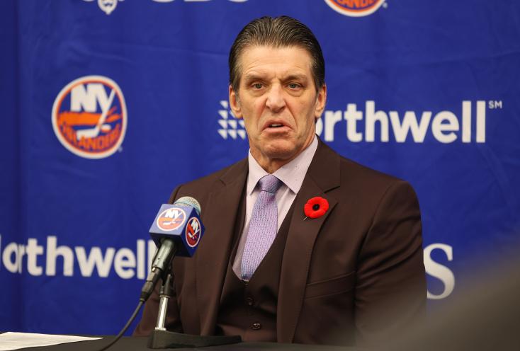 Islanders head coach Lane Lambert speaks at a press conference after a game against the Capitals.