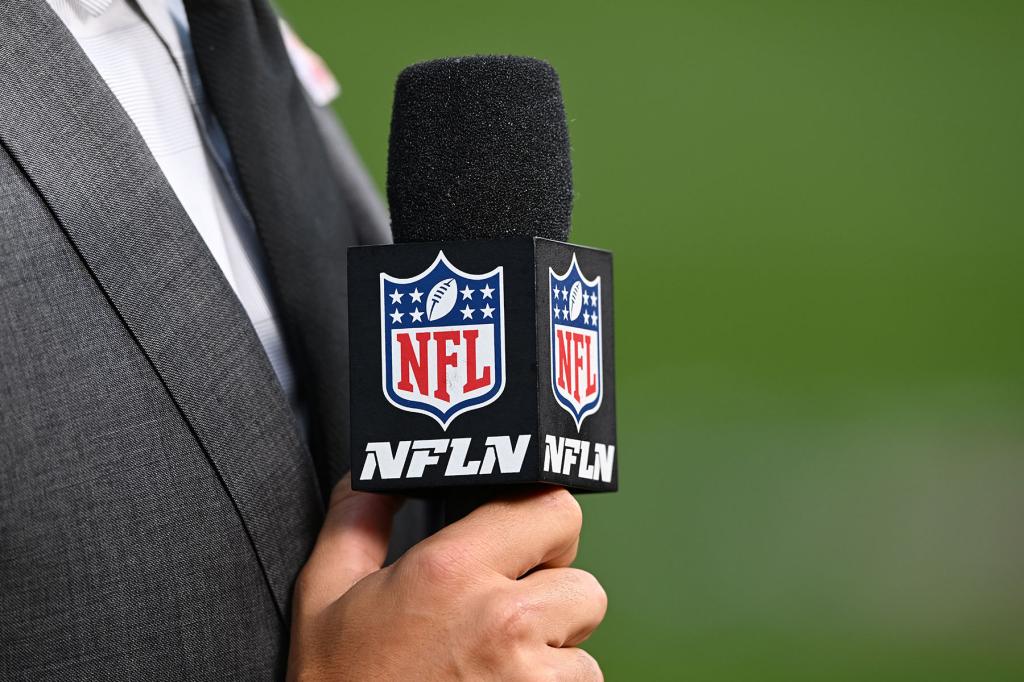 A detail of an NFL Network microphone before the game between the Chicago Bears and the Washington Commanders at FedExField on October 05, 2023 in Landover, Maryland. 