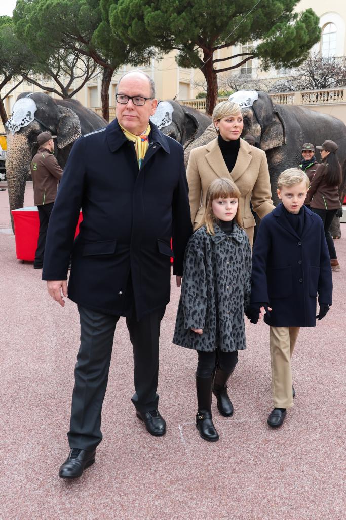 A photo of Prince Albert and Princess Charlene walking in Monaco with their twins, Gabriella and Jacques.