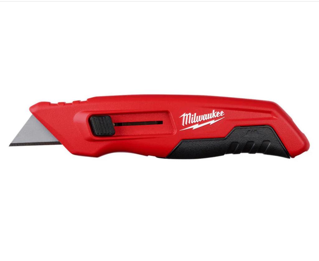 A red Milwaukee box cutter is pictued in a stock image.