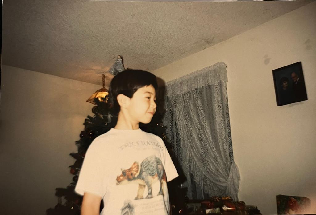 Rob Henderson as a child with Christmas tree in background.