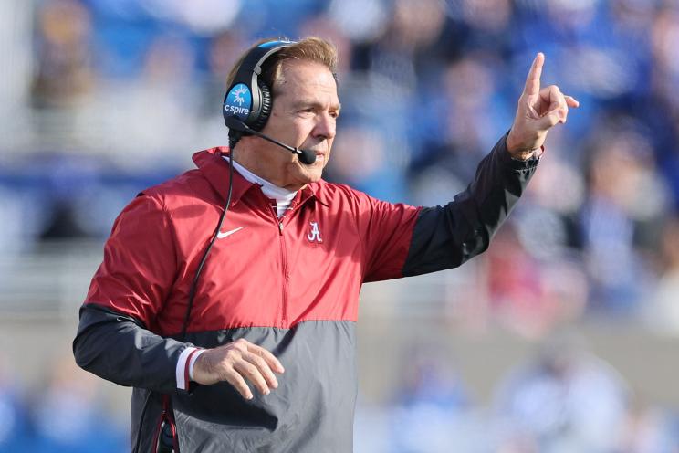 Nick Saban the head coach of the Alabama Crimson Tide against the Kentucky Wildcats at Kroger Field on November 11, 2023 in Lexington, Kentucky.