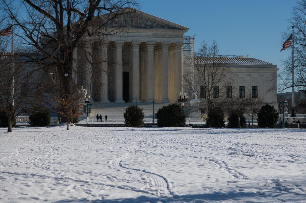 The U.S. Supreme Court building in Washington, D.C. is seen from snow-covered U.S. Capitol grounds on January 17, 2024.