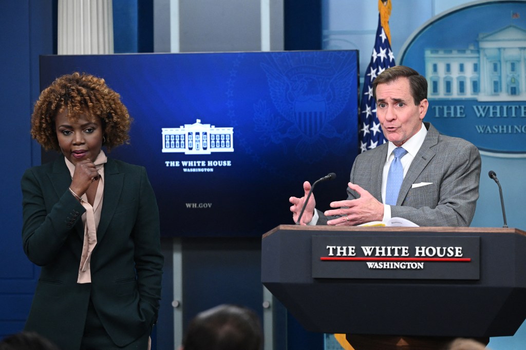 White House Press Secretary Karine Jean-Pierre and National Security Council Coordinator for Strategic Communications John Kirby share the podium.