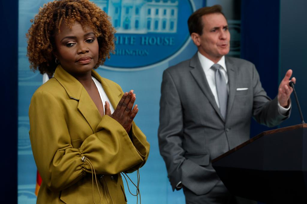 White House Press Secretary Karine Jean-Pierre and National Security Council Coordinator for Strategic Communications John Kirby share the podium.