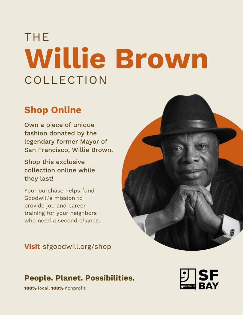 An advertisement for The Willie Brown Collection features a photo of the former San Francisco mayor and the logo of SF Bay Goodwill, with text describing the auction.