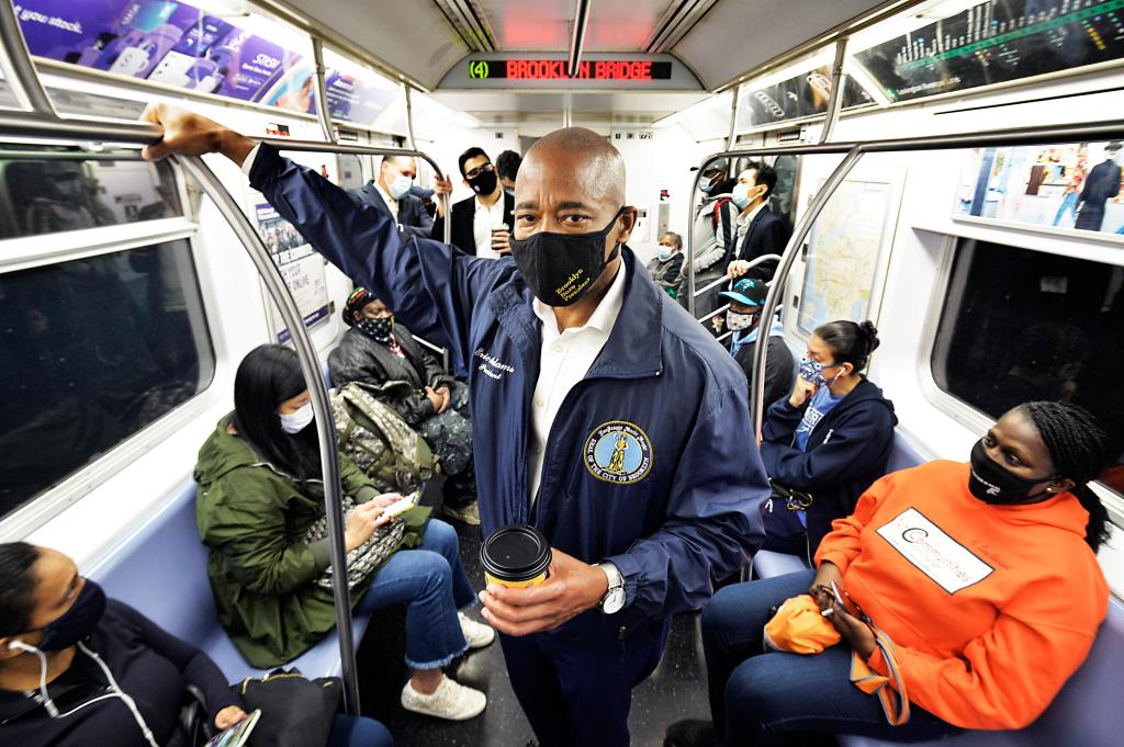  Eric Adams rides the city subways today to urge New Yorkers to get back to work on the Covid-19 safe rail system. 