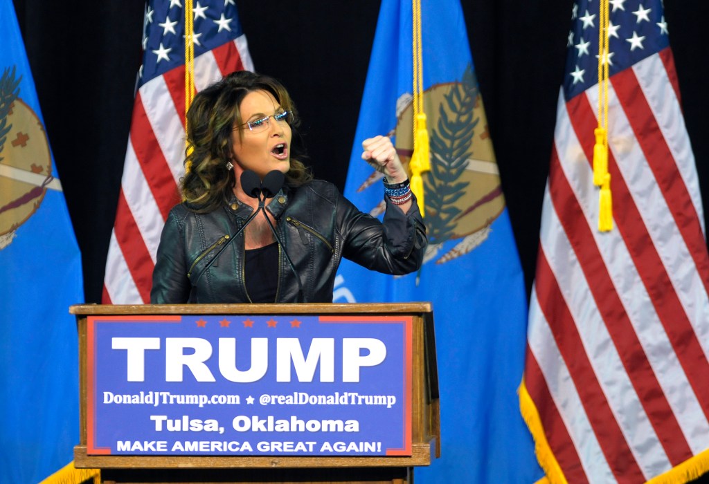 Former Republican vice presidential candidate Sarah Palin speaks to a crowd as she introduces Republican presidential candidate Donald Trump at a rally in Tulsa, Okla., Wednesday, Jan 20, 2016. (AP Photo/Brandi Simons)