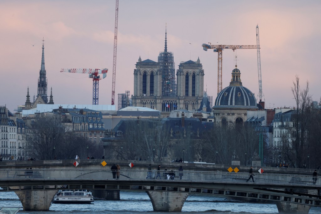 The construction site of Notre-Dame de Paris Cathedral is shown on Feb. 12, 2024, with its rear spire, in Paris. 